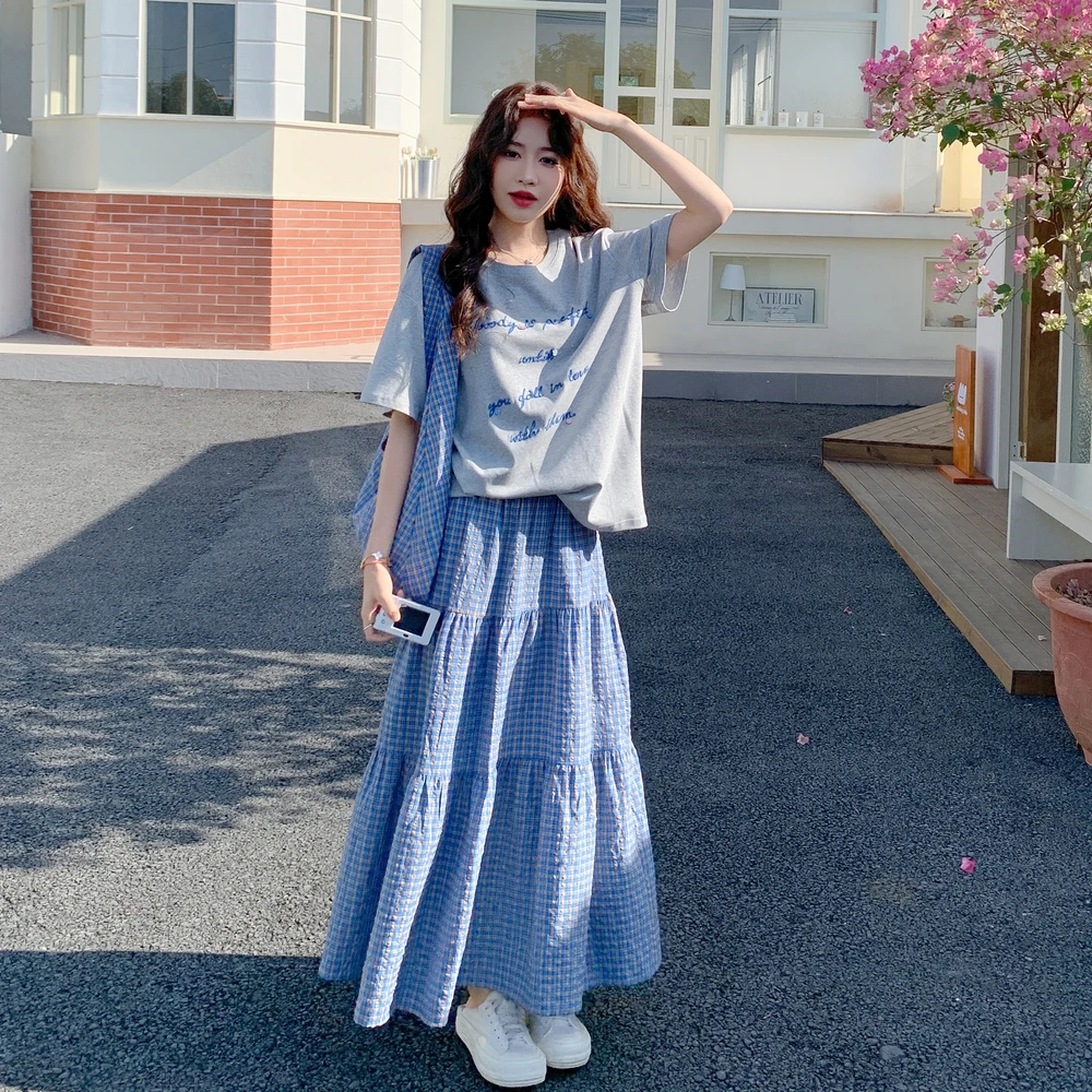 韩系夏日穿搭一整套女夏季新款学生减龄字母T恤老钱风松弛感女装