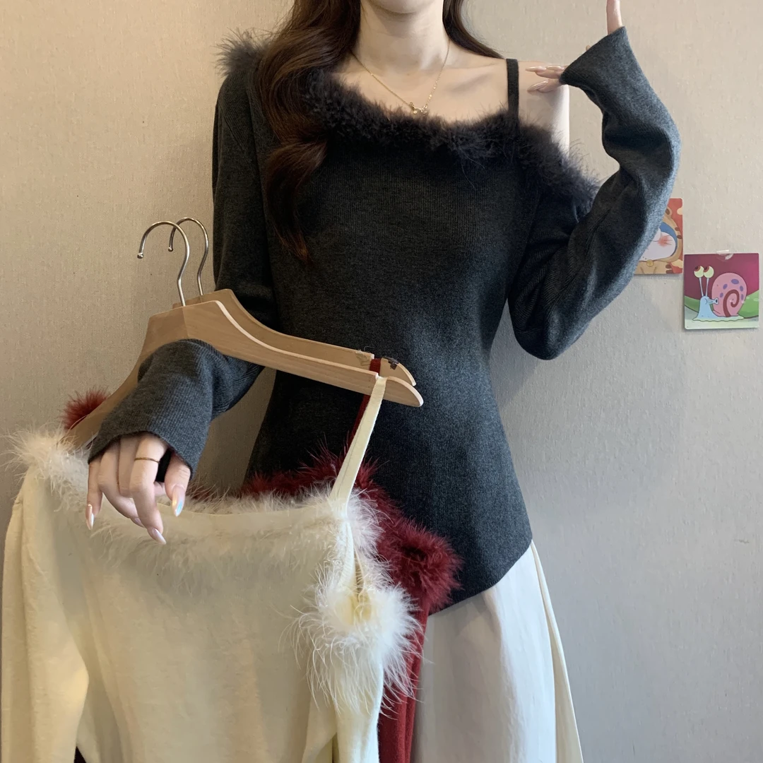 新款韩版秋冬大码女士修身针织长袖露肩毛领设计纯色灰色白色红色
