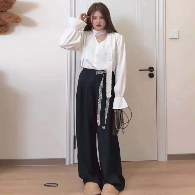 法式V领花边系带衬衫阔腿裤子胖mm2025早春新款显瘦宽松大码女装