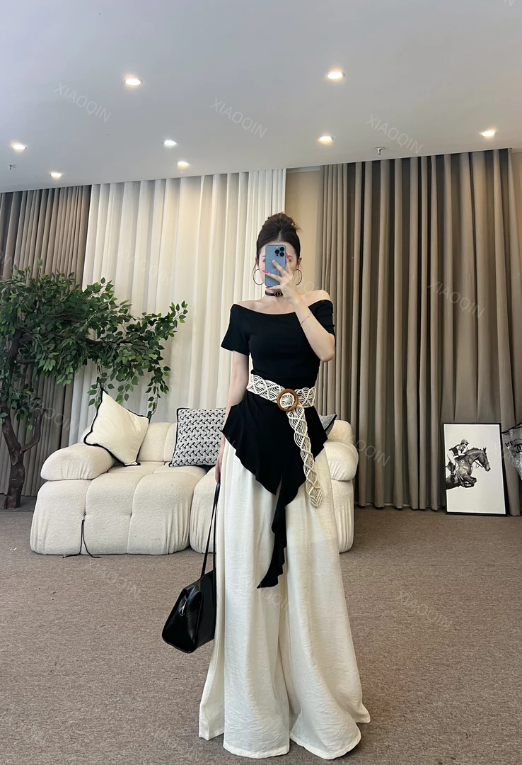 XIAOQIN【月影轻摇】夏季一字肩不规则短袖休闲阔腿裤套装251836