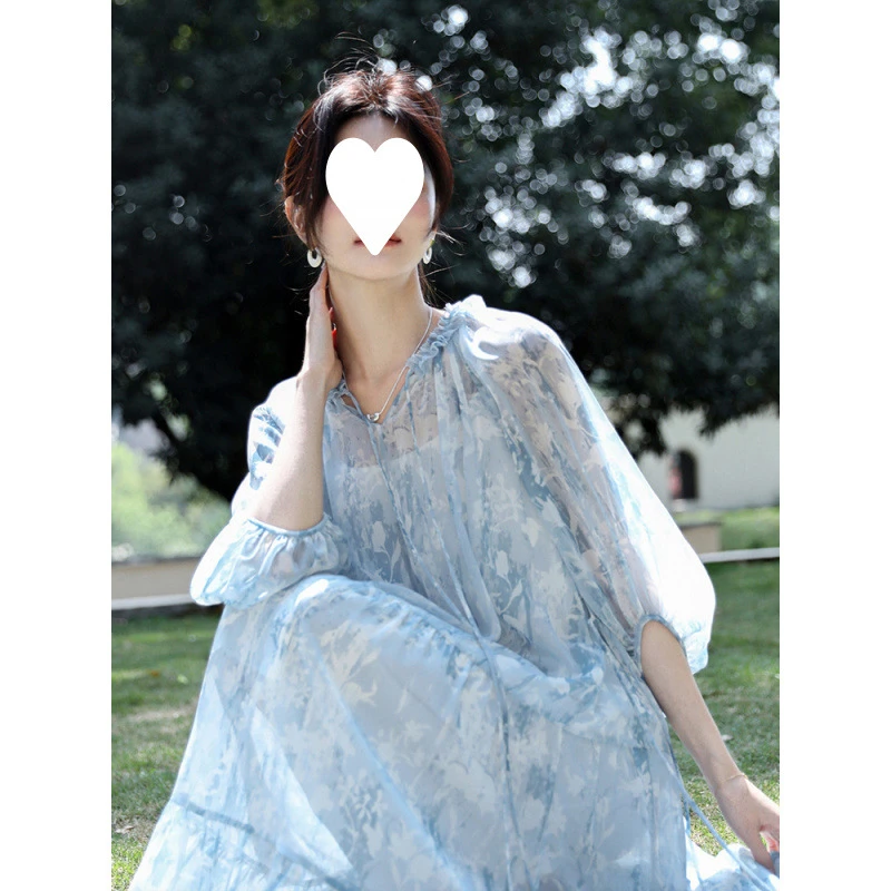 森系长裙收腰可爱度假连衣裙温柔连衣裙清新法式碎花印花仙女夏季