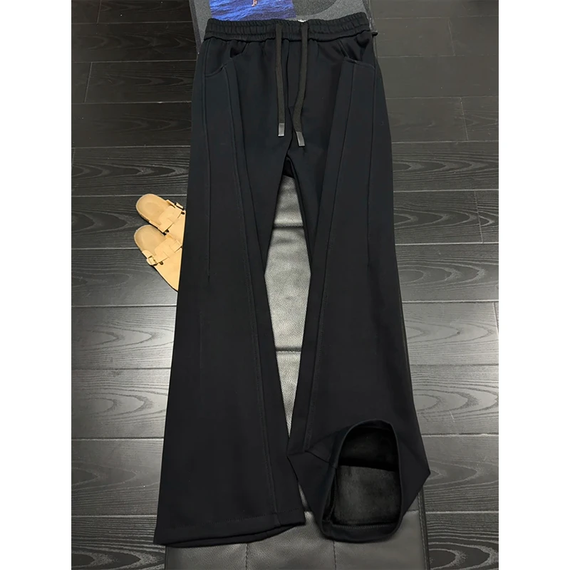 黑色重磅垂感拼接微喇卫裤男款秋冬复古加绒加厚裤子显瘦弯刀长裤