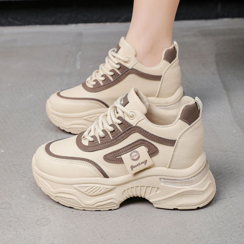 内增高8cm女鞋皮面厚底老爹鞋女2025秋冬季加绒休闲运动跑步女鞋