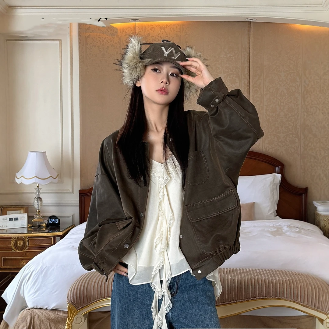 IC深咖夹克小众设计师秋冬新款多口袋立领工装宽松复古夹克外套女