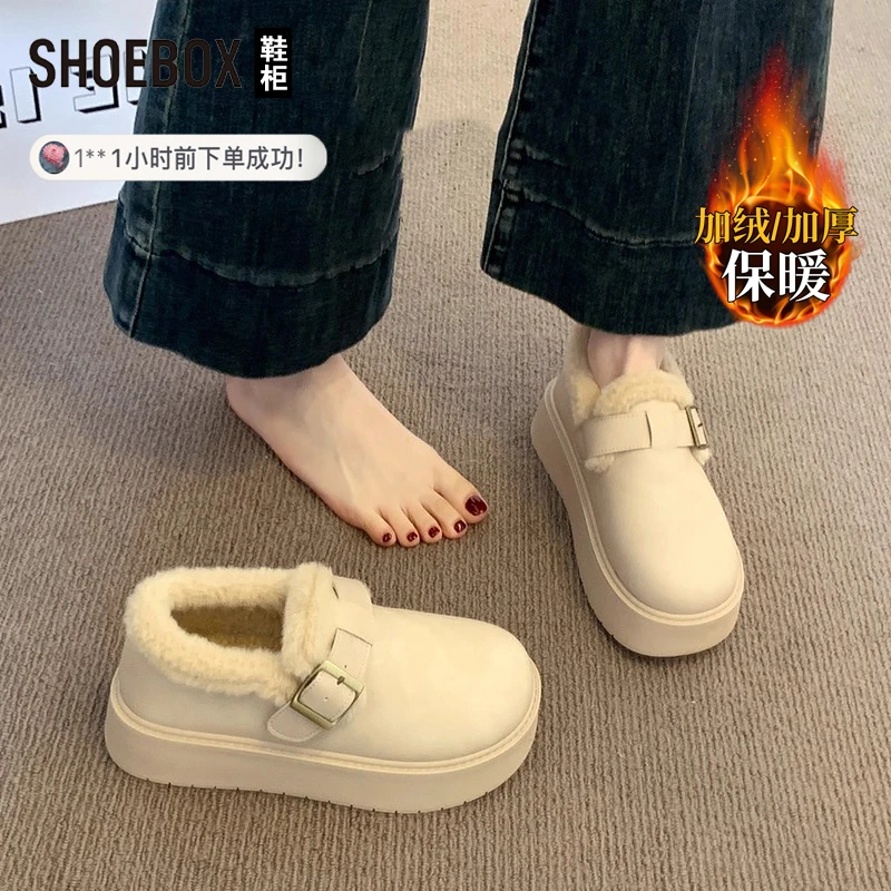 达芙妮旗下鞋柜厚底雪地靴女2025冬季加绒加厚勃肯鞋白色皮面棉鞋