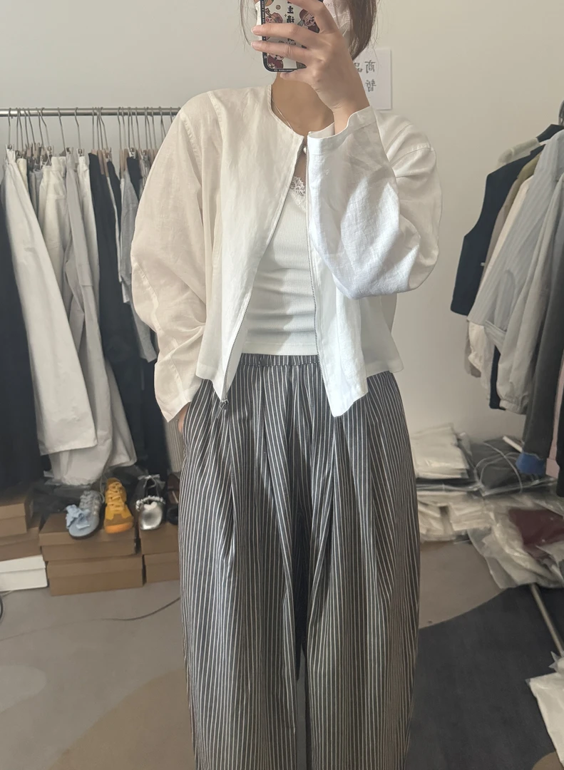 拉链夏季纯色插肩袖常规款短外套连帽长袖韩版女装白色时尚