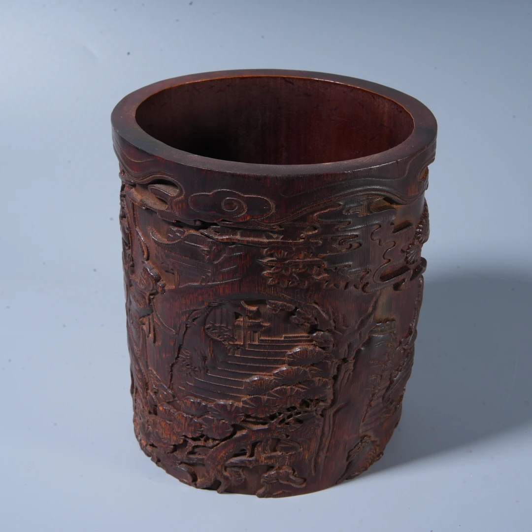 Tgz22 清代 竹雕山水楼阁笔筒