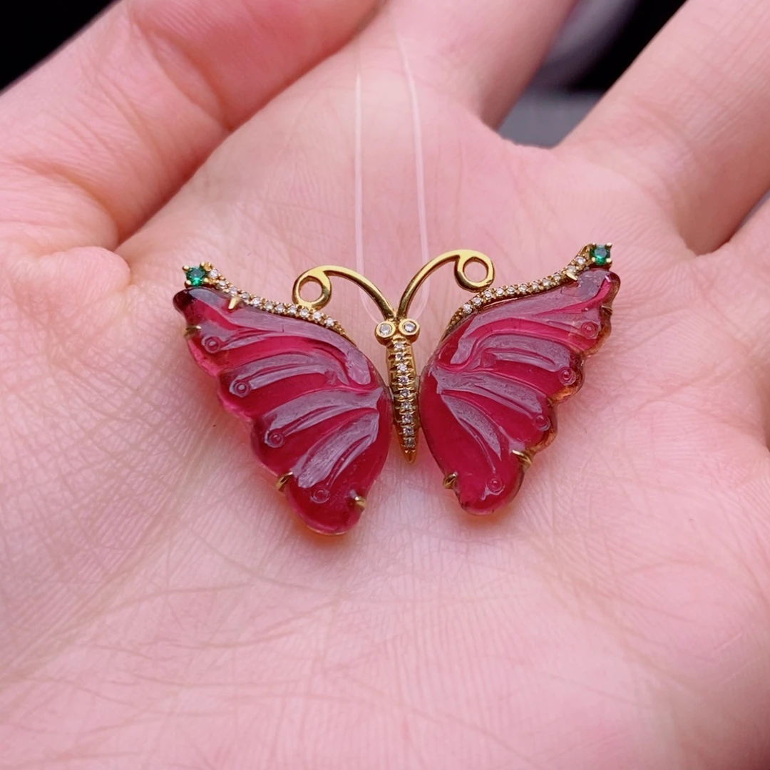 颈饰碧玺18K金镶嵌蝴蝶吊坠yy