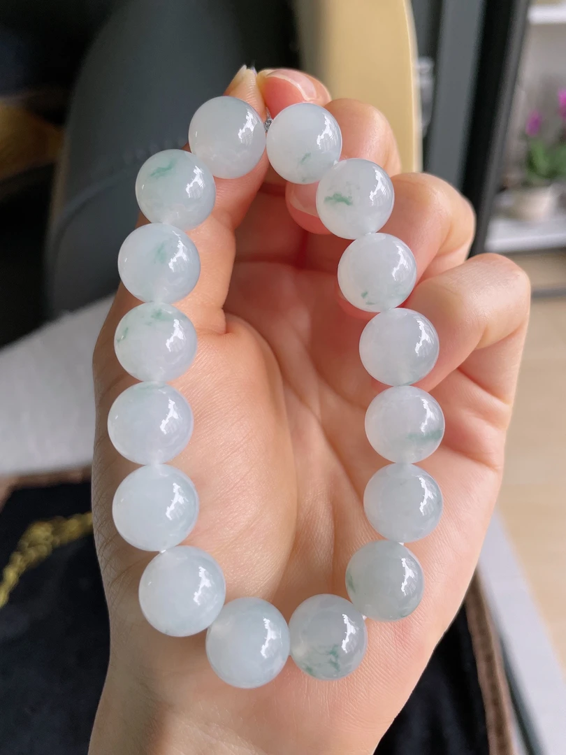 天然翡翠A货冰飘花飘绿灵动圆珠手串手链卡12.3mm-2893缅甸玉石