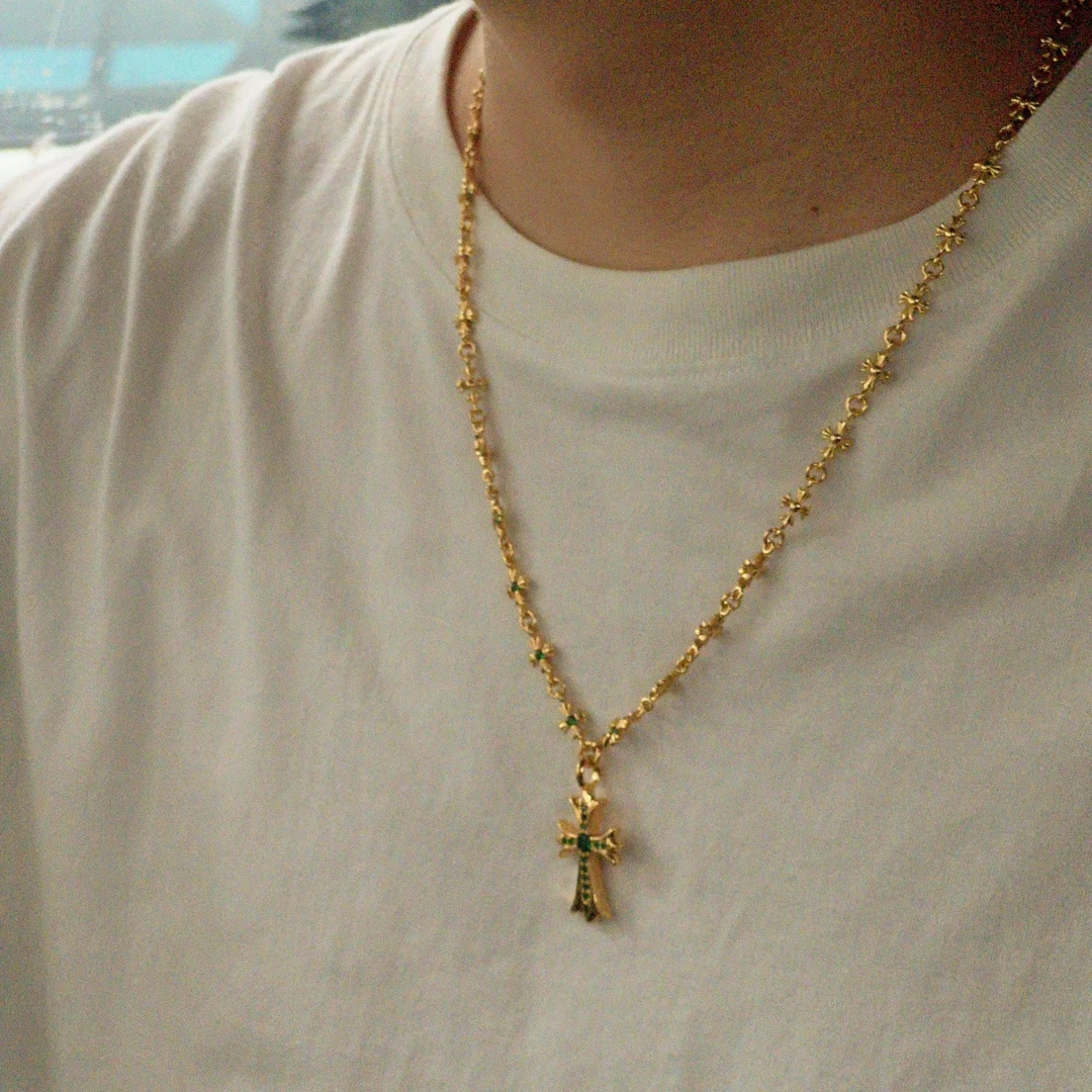 铜合金项链 【008】克罗十字架项链金色绿钻一体链JJ同款男士高级