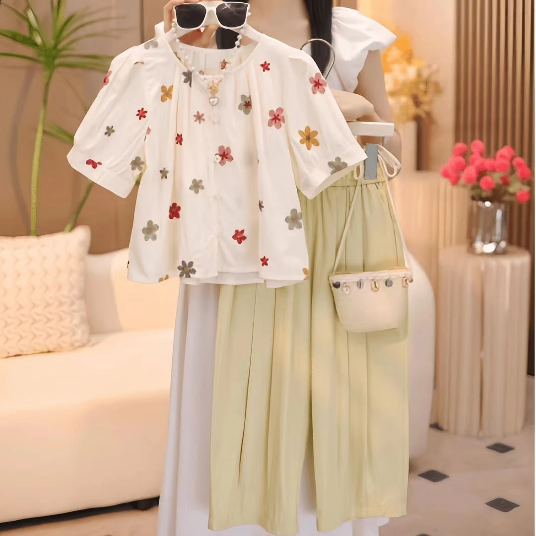 女童夏装花朵短袖套装2025夏季新款中大童洋气泡泡袖阔腿裤两件套