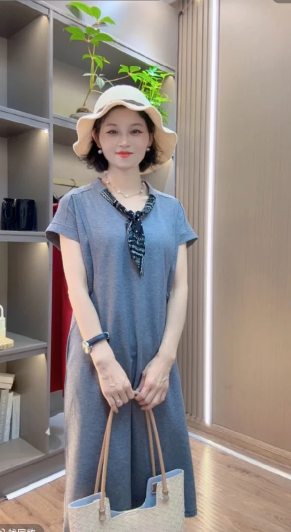 2025夏季新款拼接透气V领休闲时尚丝巾上衣显瘦高腰连衣裙9958