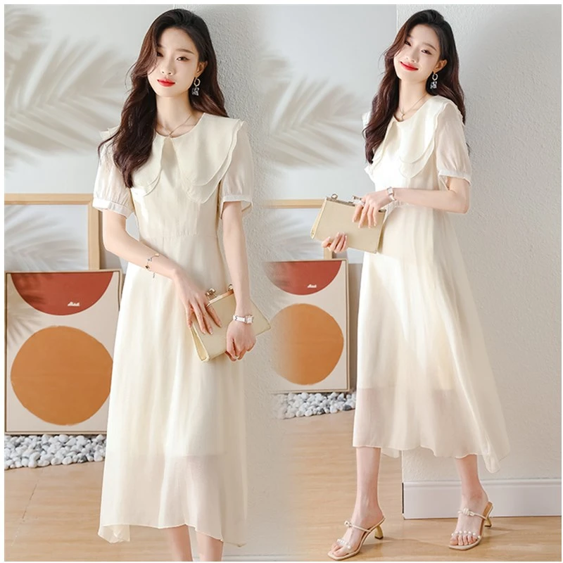 现货2024夏季新款天丝连衣裙双层领修身系腰带气质长裙