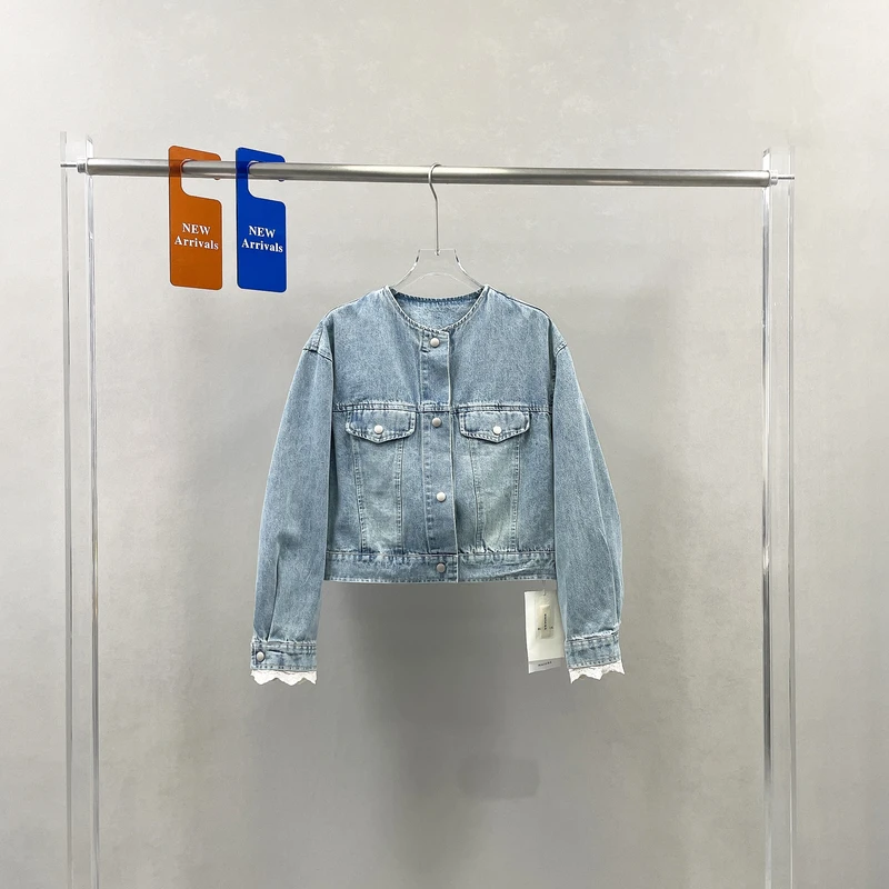 BUFAN2025春季新款圆领拼接蕾丝短款休闲牛仔韩版外套女T88020