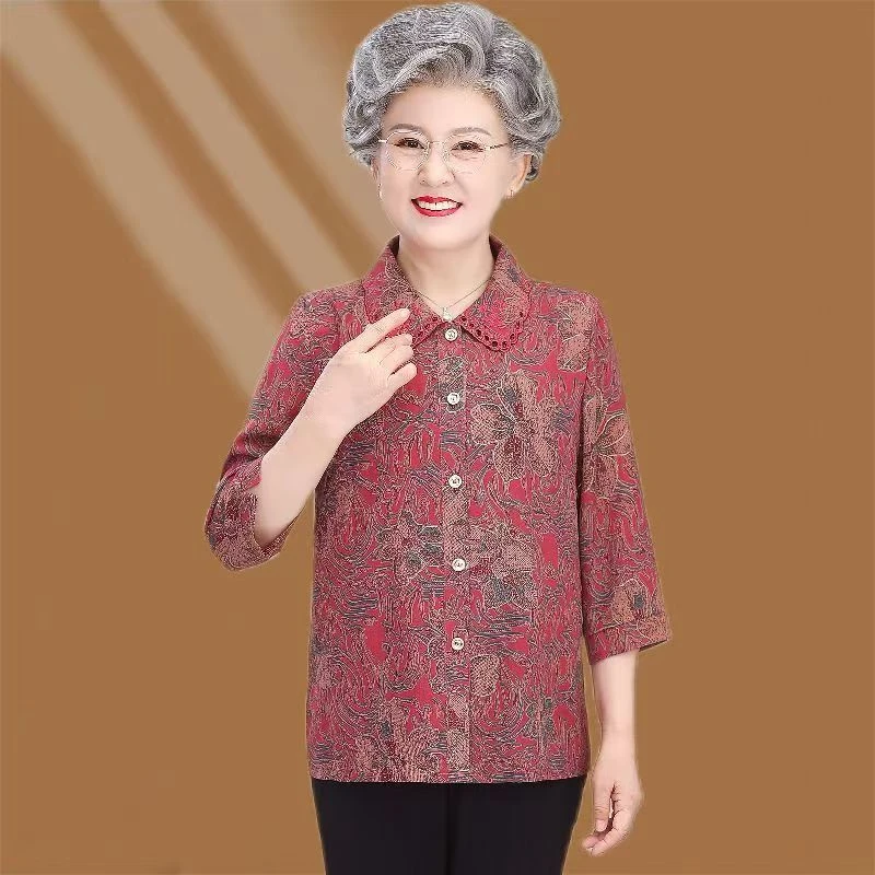 8908-妈妈绣花七分袖衬衫2025新品老人衣服夏季薄款