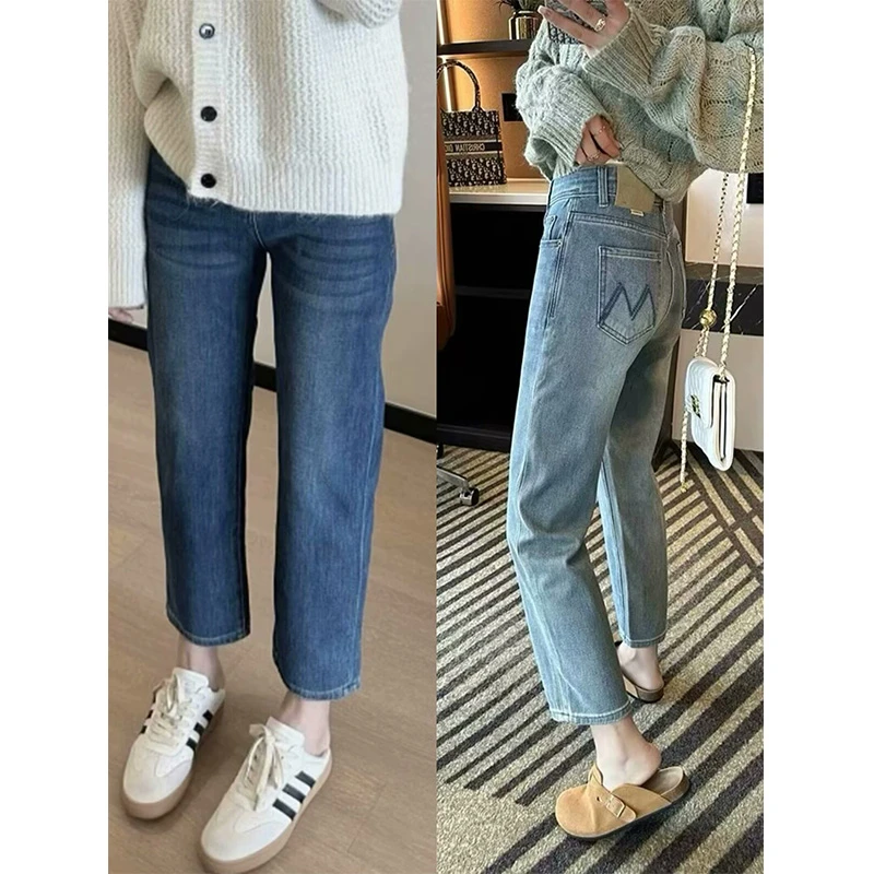 大码胖mm高腰弹力显瘦直筒牛仔裤女春季新款遮肉百搭九分烟管裤