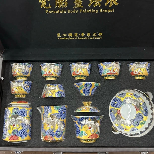 仙鹤掐丝陶瓷三才盖碗家用珐琅彩送礼茶具礼盒