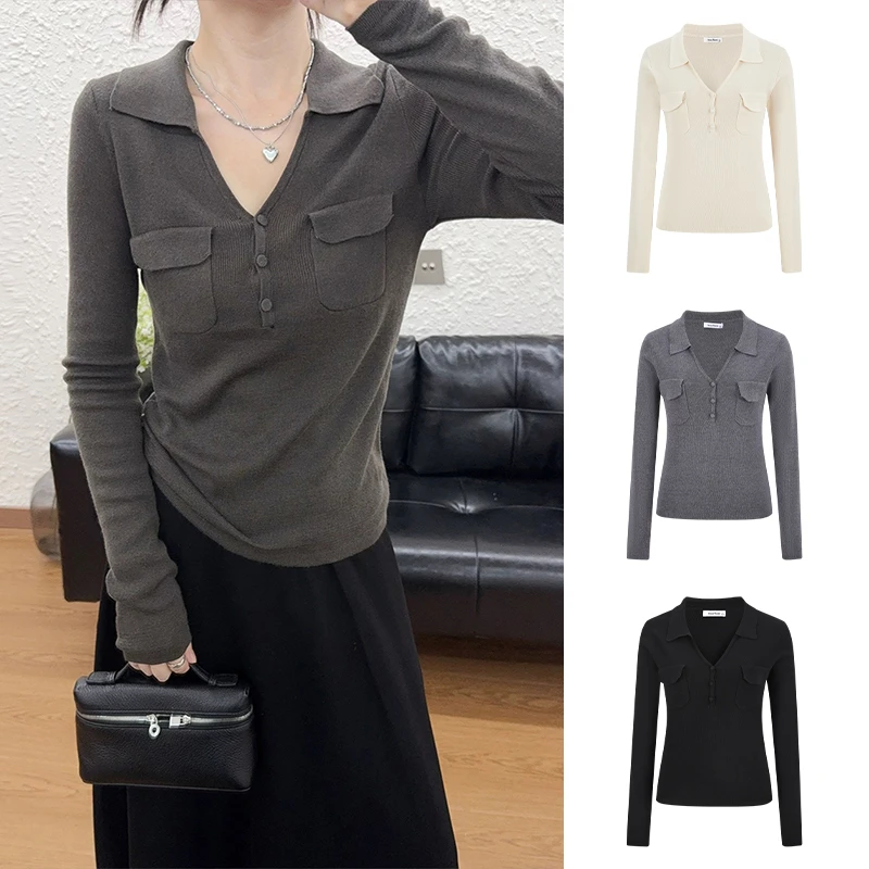Moses Queen/魔西女王新款V领双口袋设计上衣针织polo衫纽扣长袖