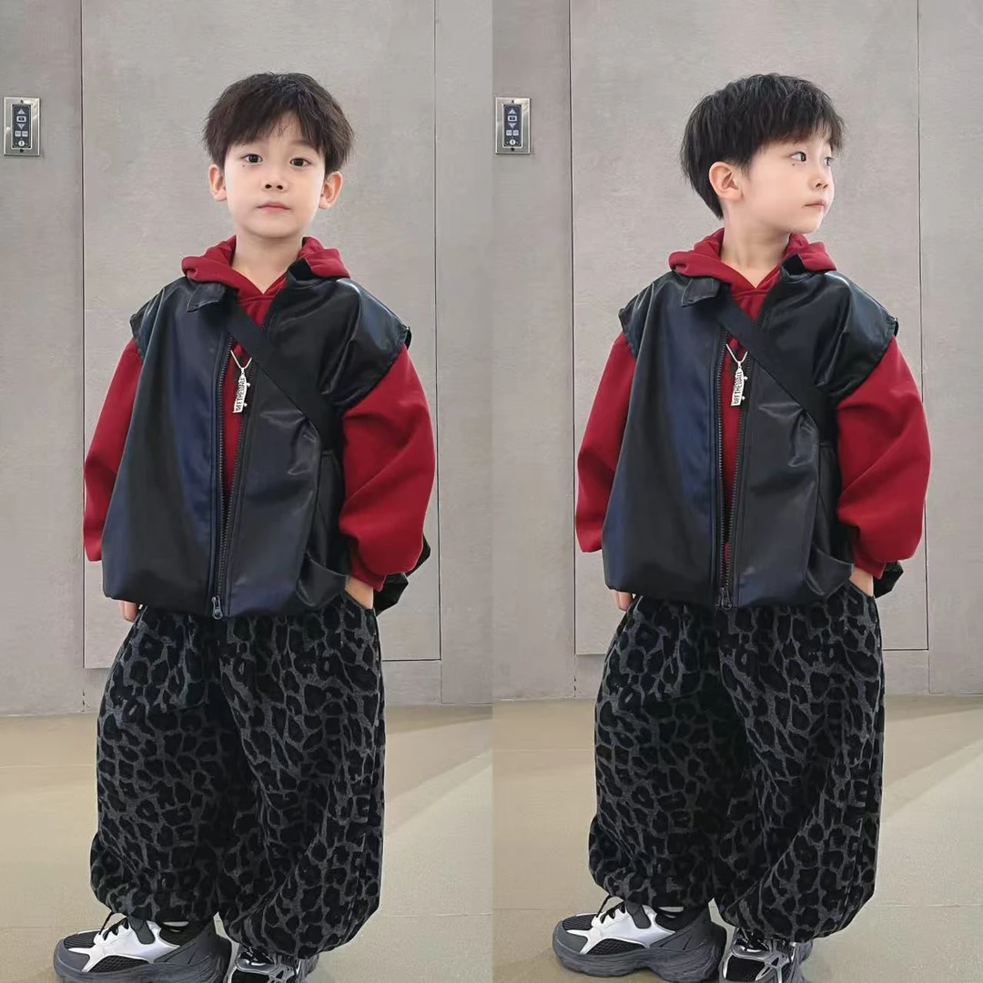 男童秋装皮马甲三件套洋气男宝春秋潮酷豹纹裤套装儿童装韩系卫衣