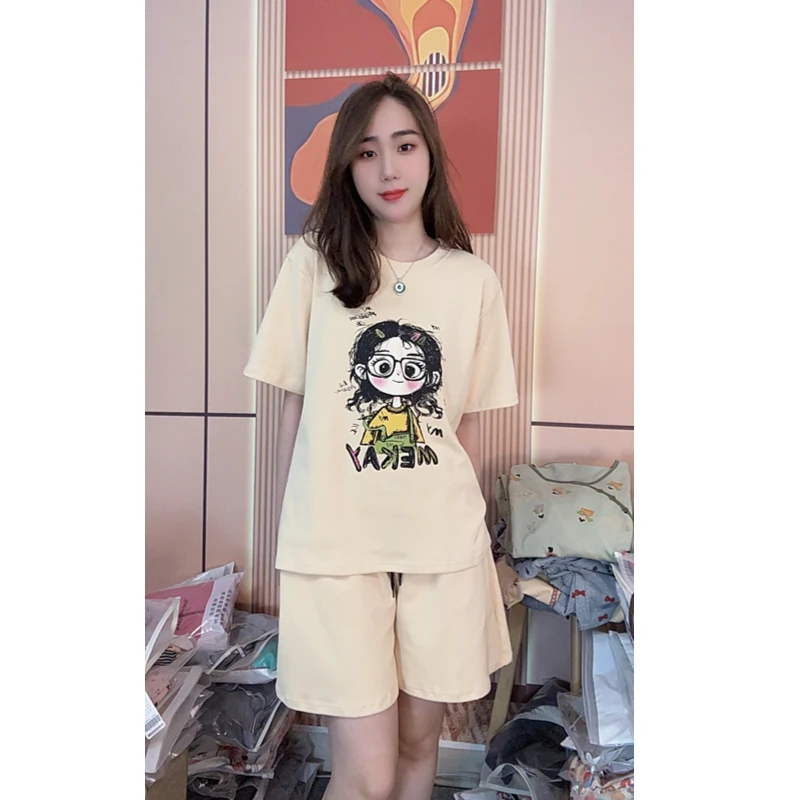 睡衣女夏季新款纯棉短袖短裤韩版时尚可外穿家居服套装（黄油女孩）