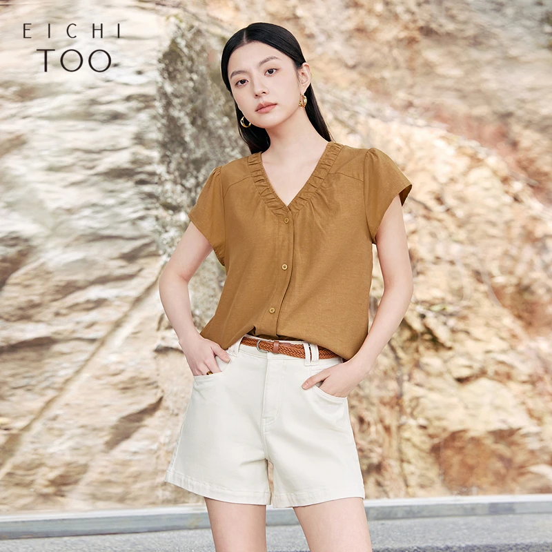 A爱居兔女装夏季新款显白干爽柔软设计感含麻短袖ENECJ2Q002A