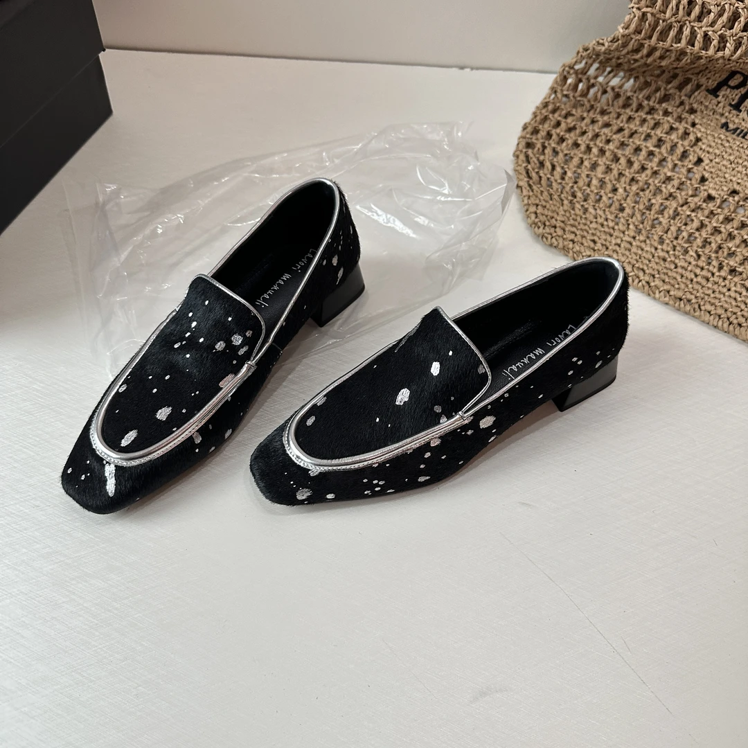 极简气质百搭粗跟4cm方头鎏金马毛乐福小香风时尚休闲黑色单鞋