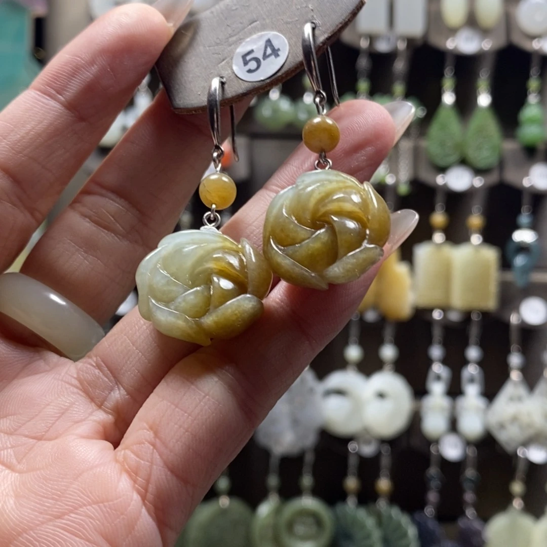 和田玉耳饰银S925镶嵌