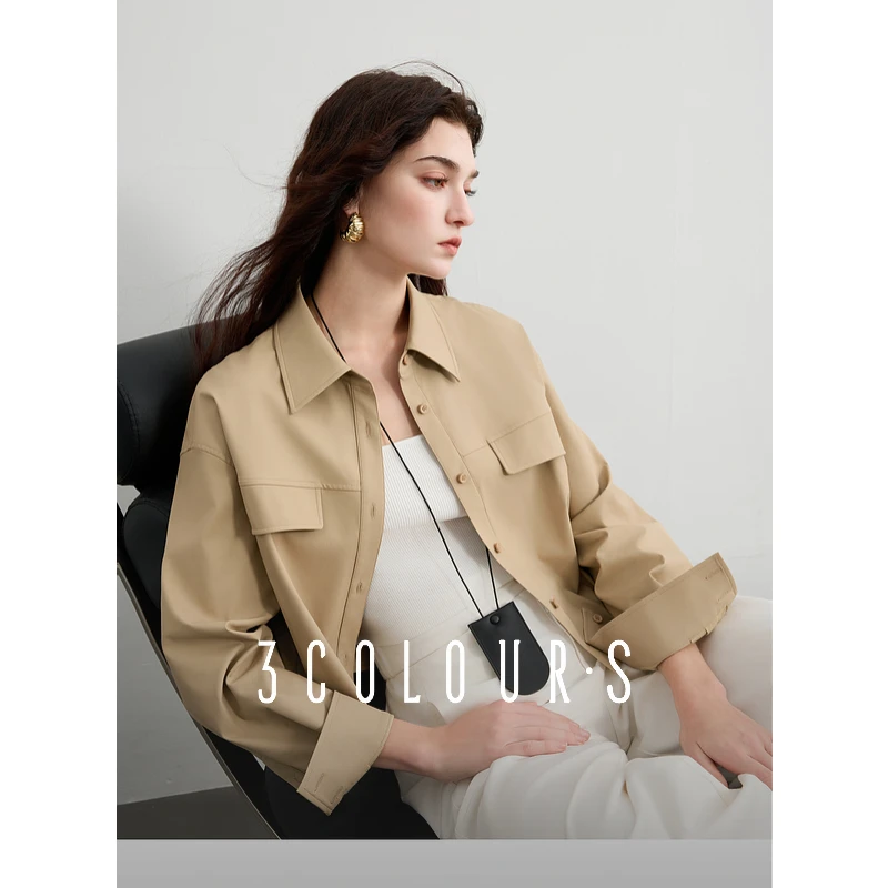 三彩2025春季新款衬衫式翻领设计感外套宽松短款夹克S