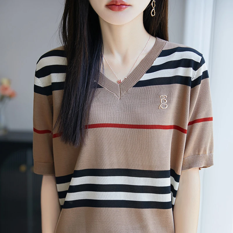 夏季V领莱赛尔天丝针织撞色条纹短袖T恤薄款针织打底上衣