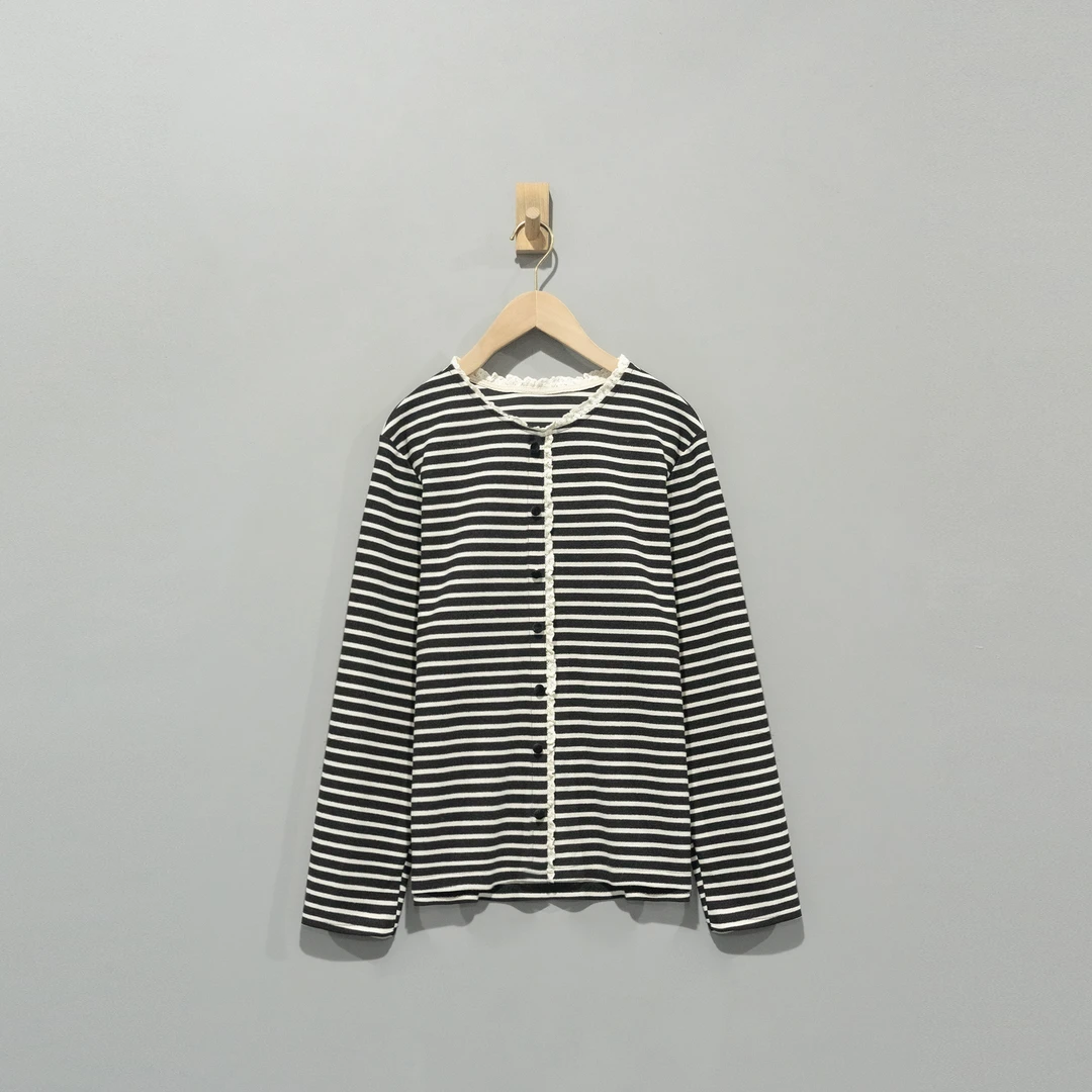 【且听风吟】0116087文艺棉复古花边领百搭显瘦条纹上衣