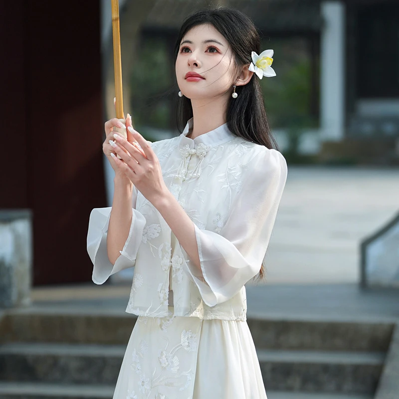 好质量中式国风绣花上衣a字半身裙两件套仙气薄款裙子套装