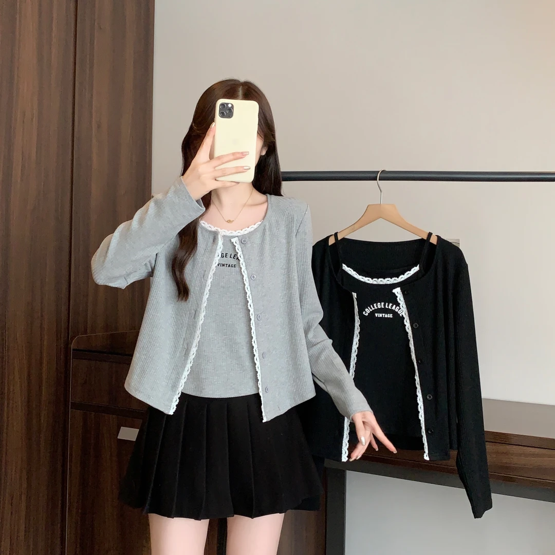 长大码女2025秋季新款韩系纯欲吊带开衫两件套显瘦百搭套装80583