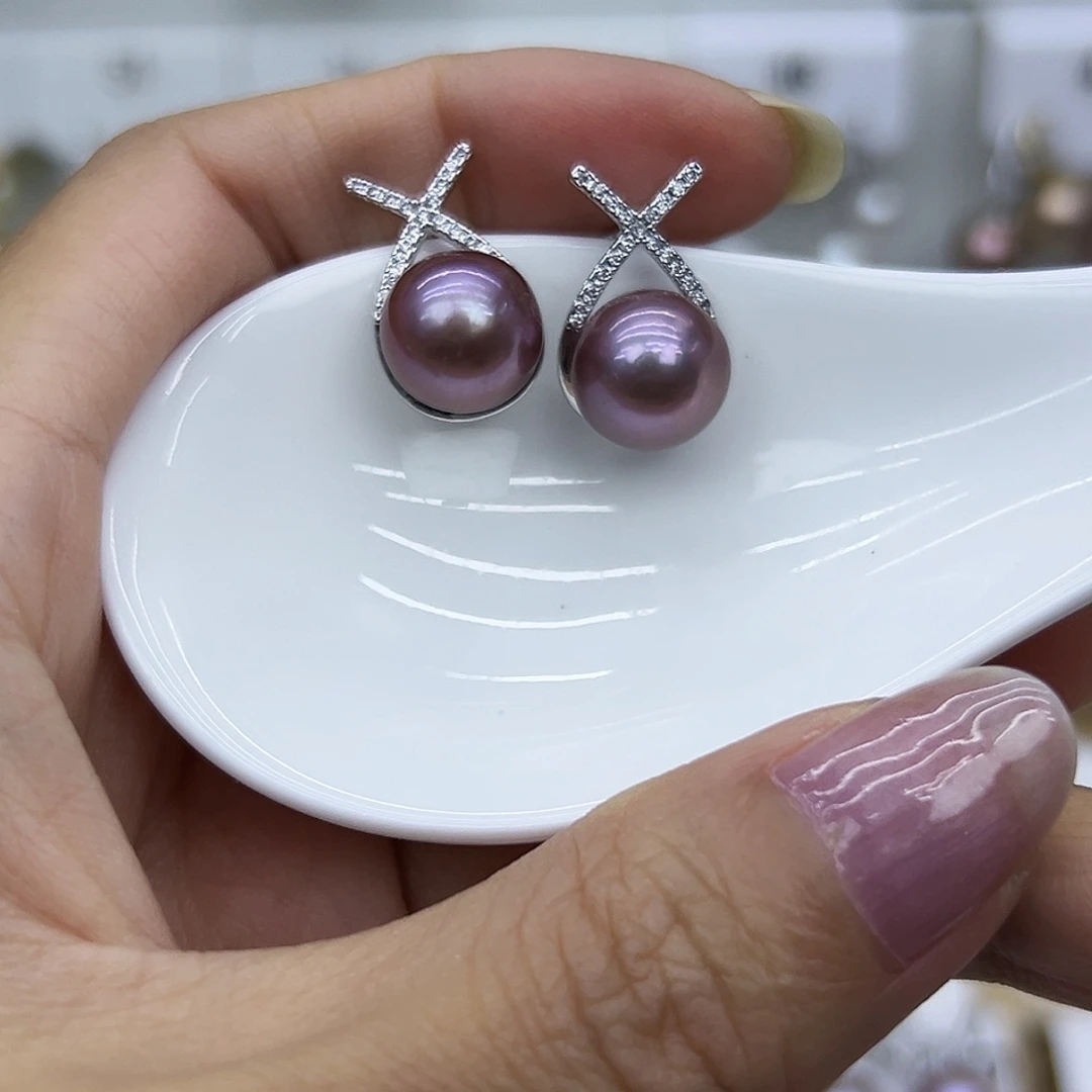 银S925镶嵌耳钉淡水珍珠