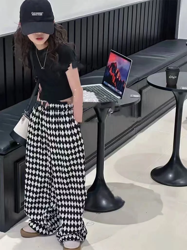 800199童装女童休闲长裤 2025夏儿童洋气阔腿直筒潮酷宝宝休闲裤