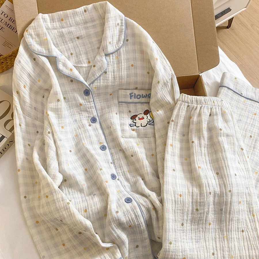 时尚双层棉纱长袖长裤2025春秋新款甜美少女风家居服套装可外穿