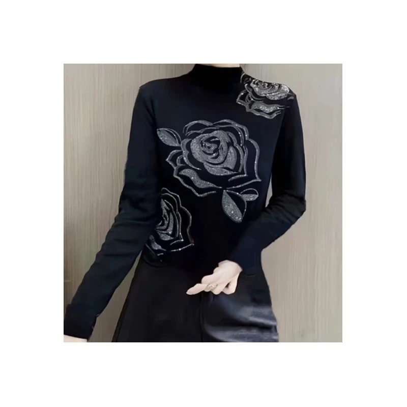 E7533圆领烫钻印花设计纯色百搭长袖T恤