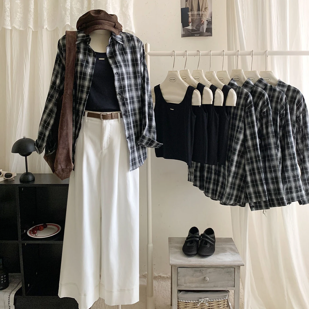 韩系复古黑格子长袖衬衫套装女秋慵懒松弛休闲吊带格纹衬衣两件套