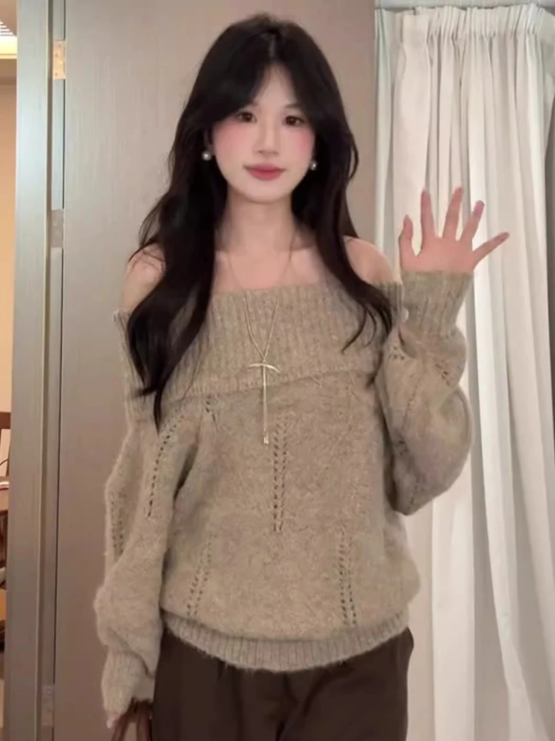 早秋韩系穿搭软糯一字肩套头毛衣女秋冬新款慵懒风露肩针织衫上衣