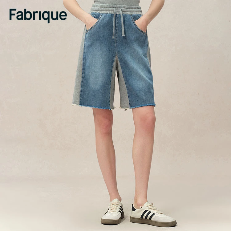 Fabrique Homie 春夏新款复古中蓝醋酸牛仔拼接松紧腰休闲短裤