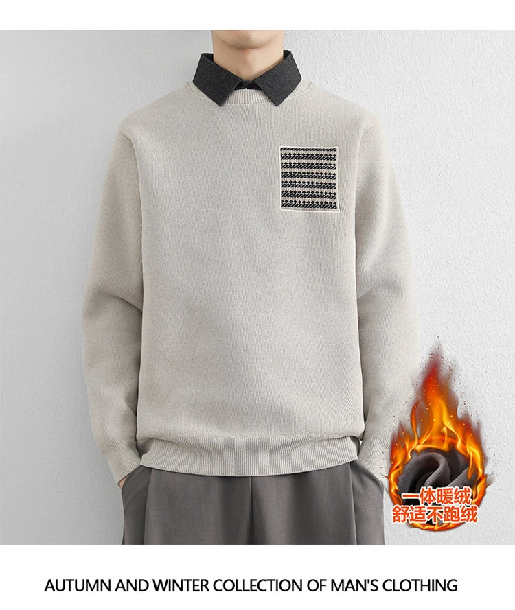 假两件加绒加厚针织男士衬衫2025秋冬新款毛衣拼接口袋保暖上衣男
