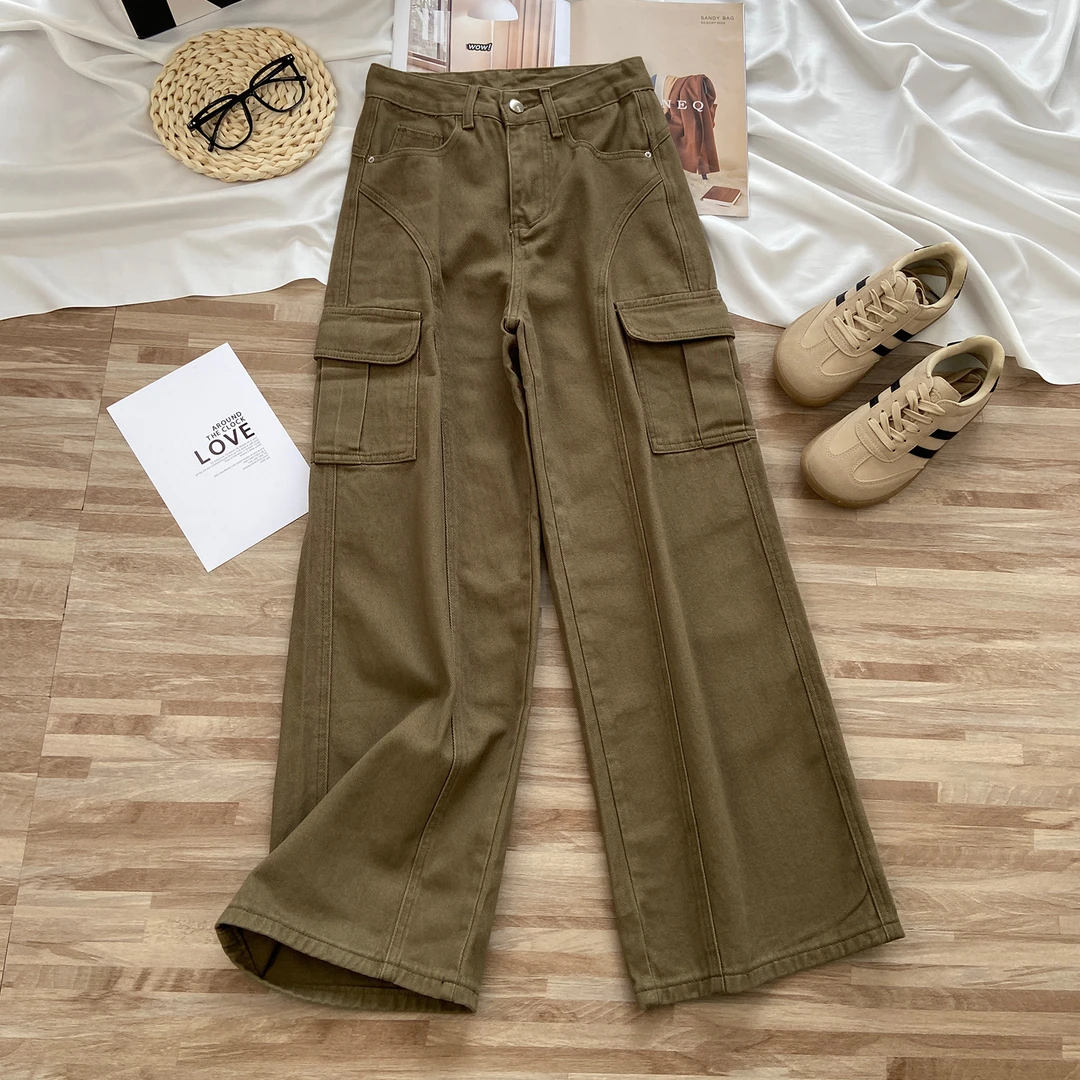 炸街B备~军绿色工装阔腿牛仔裤女秋季2025新款高腰宽松显瘦直筒裤