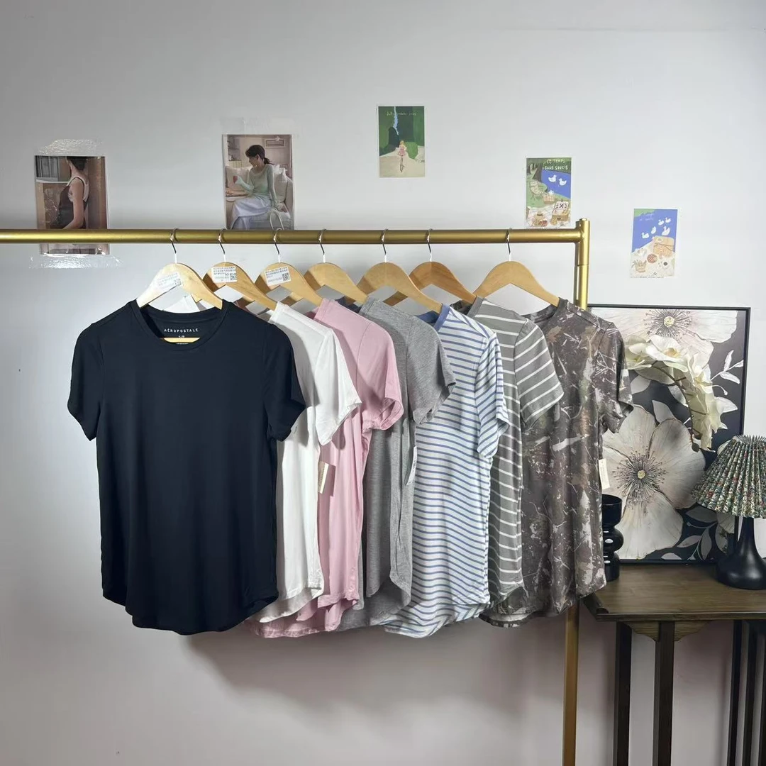 纯欲垂感女圆领宽松型休闲风冰丝薄款高弹力夏季T恤1814