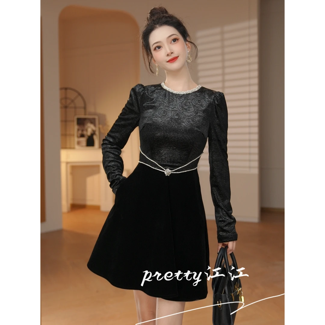 Pretty小众设计师品牌江江定制 圆领优雅气质赫本风连衣裙15561