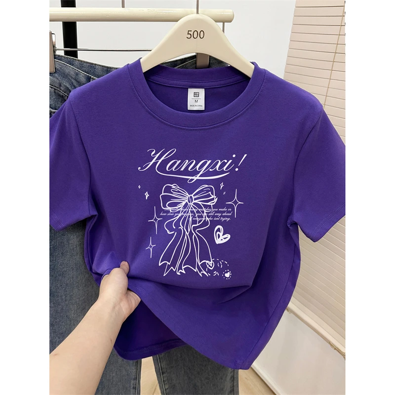 大码胖mm蝴蝶结正肩短袖T恤女夏季2025新款韩版时尚显瘦遮肉上衣