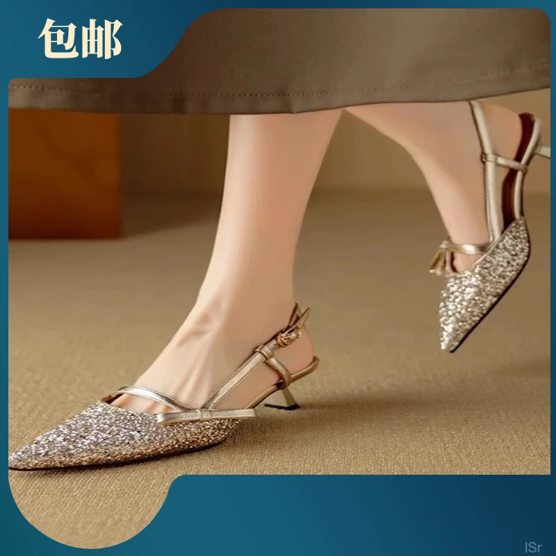 法式仙女亮片包头凉鞋细跟女鞋2025夏新款气质尖头蝴蝶结中跟鞋子