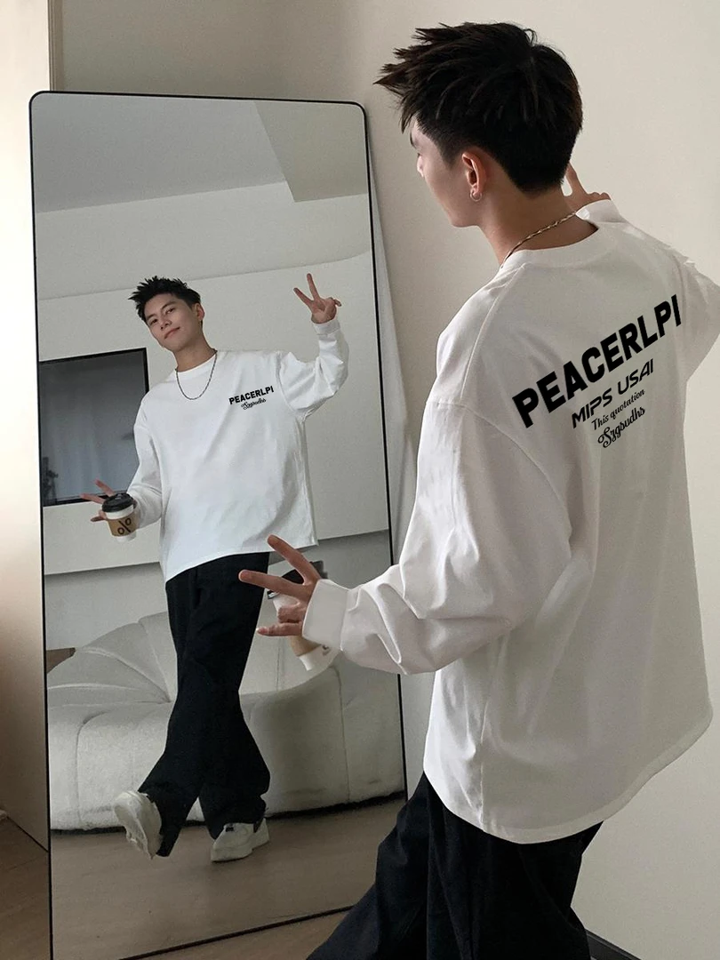 【重磅纯棉】秋冬新款长袖韩版宽松圆领高街美式字母打底衫上衣T恤