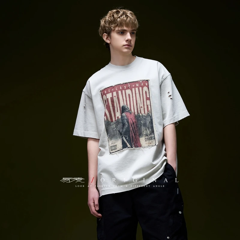 2025夏季新款美式潮牌油画圆领宽松烧花破洞T恤打底衫休闲上衣