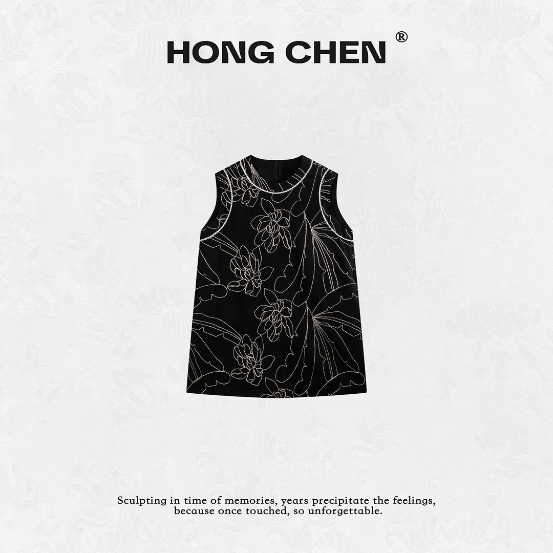 【虹辰】高端时尚复古撞色金线刺绣轻奢百搭高级感无袖背心裙HC2621