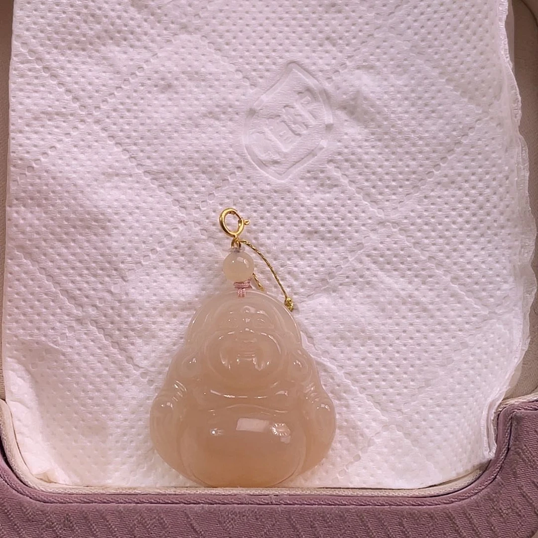 吊坠(不含链)18K金镶嵌和田玉藕粉红藕弥勒佛30mm