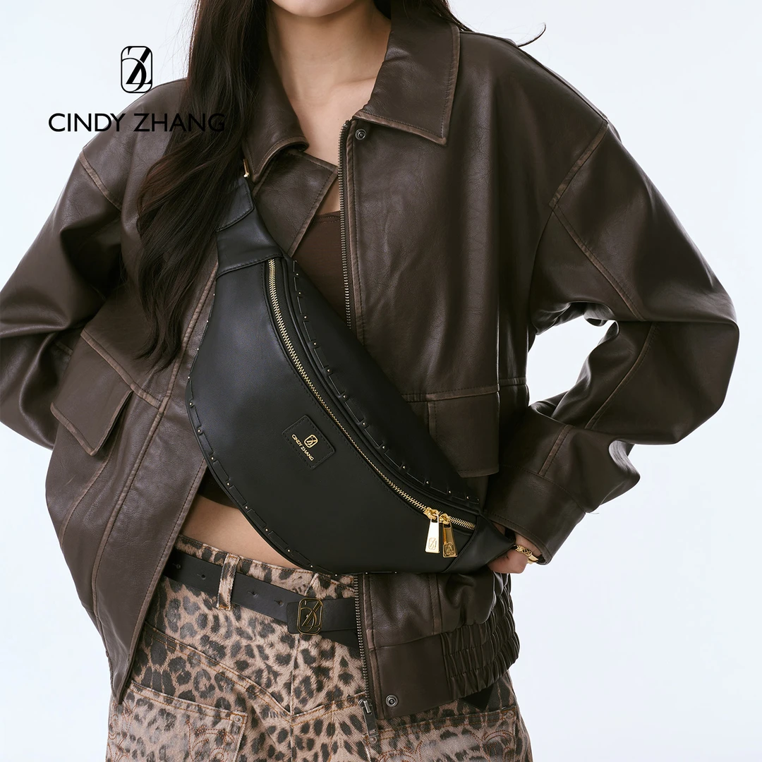 CINDY ZHANG2025年秋季新款头层牛皮男女同款百搭通勤斜挎腰包